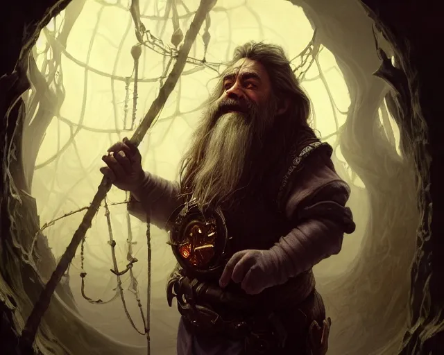 Image similar to a 4 k cinematic screenshot still portrait of a dwarf in a dark liminal space room surrounded by spider webs, deep focus, d & d, fantasy, intricate, elegant, highly detailed, digital painting, art station, concept art, matte, sharp focus, illustration, dark fantasy style art, hearthstone, art by artgerm and greg rutkowski and alphonse mucha