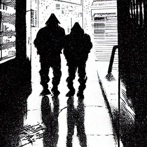 Image similar to masked wrestlers walking in a rainy alley, art by tomm coker and john paul leon, dramatic shadows