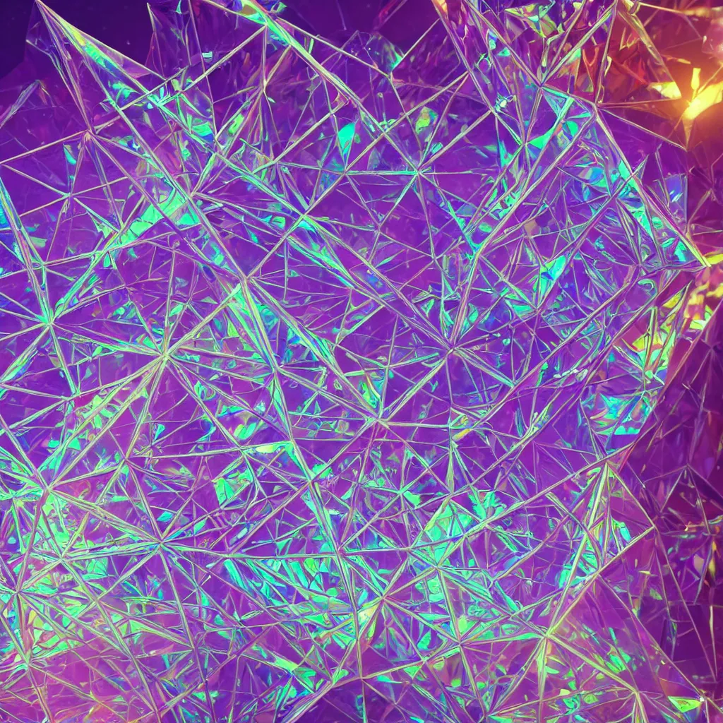 Image similar to an intricate triangle lattice prism structure microscopy iridescent refraction beam, an album cover by wolfgang zelmer, zaha hadid, behance contest winner, crystal cubism, tesseract, holographic, psychedelic, photo realistic octane render