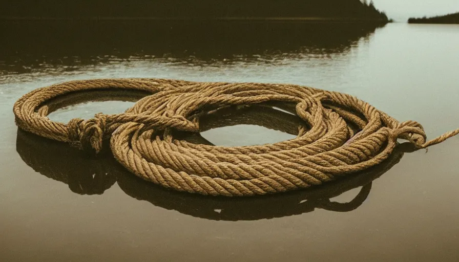 Prompt: photograph of a centered rope floating on the surface of the water, the rope is snaking towards the center of the lake, a dark lake on a cloudy day, anamorphic lens, kodak color film stock