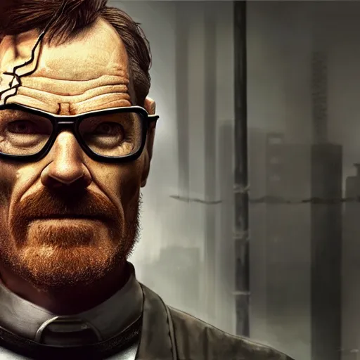 Image similar to Bryan Cranston dressed up as Gordon Freeman for Half Life Movie film still, 4k resolution, 8k resolution, HD Quality, highly detailed, very detailed, detailed, studio quality lighting, digital art, trending on artstation, Dramatic, Dramatic Lighting, Dramatic Angle, Epic, film still