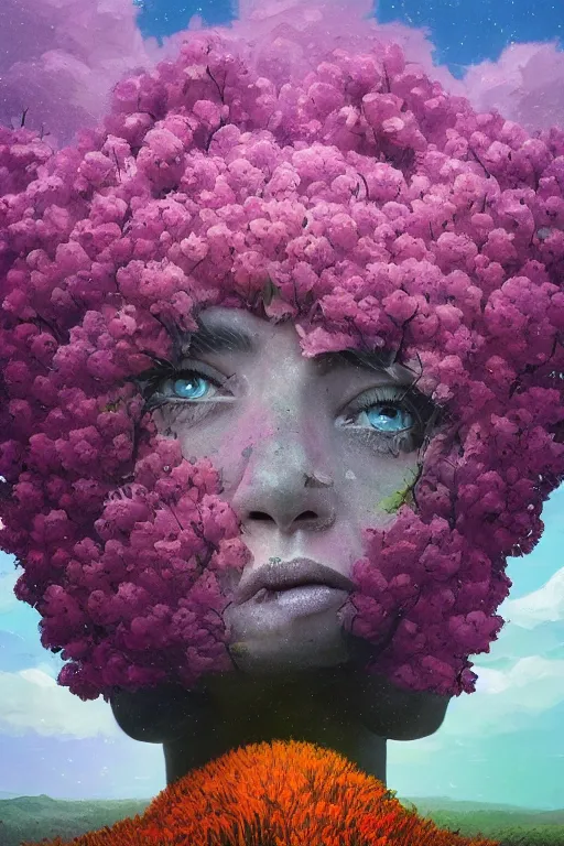 Prompt: closeup, mega flowers as head mohawk, woman in heather field, surreal photography, starlight, storm clouds, impressionist painting, digital painting, artstation, simon stalenhag