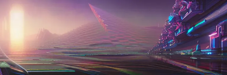 Image similar to a sprawling cybernetic temple, a large hi - tech city, and a river surrounded by fractal mountains, volumetric clouds, cybernetic faces, vaporwave aesthetic, colorful, psychedelic, digital painting, artstation, concept art, smooth, sharp focus, illustration, art by artgerm and greg rutkowski and alphonse mucha