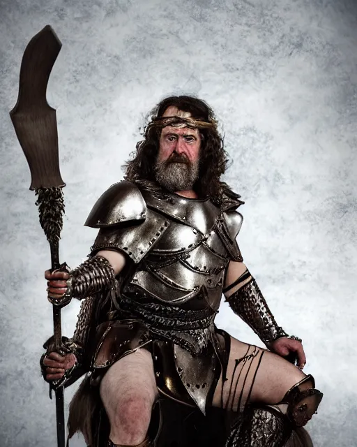 Image similar to bridget moynihan as king conan, directed by john millius, photorealistic, sitting on a metal throne, wearing ancient cimmerian armor, a battle axe to her side, cinematic photoshoot in the style of annie leibovitz, studio lighting