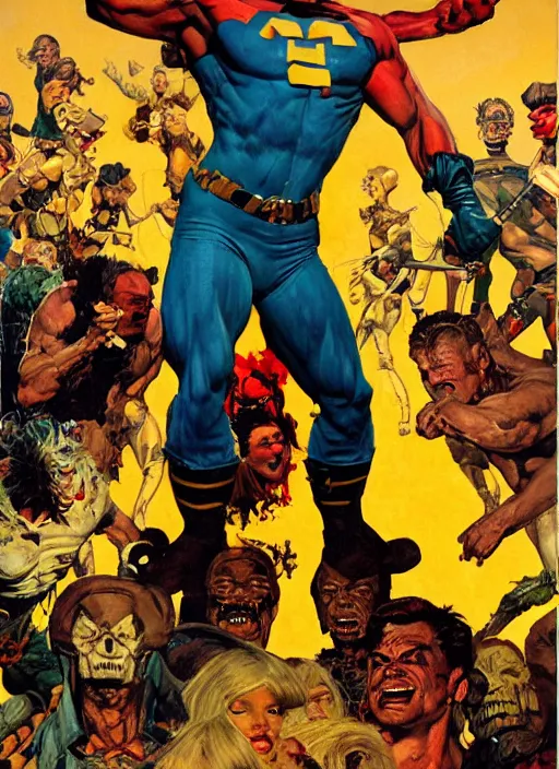 Prompt: full body and head portrait of huge mutant Paul Dillett in tattered costume, dynamic action, painted by norman rockwell and phil hale and greg staples and tom lovell and frank schoonover and jack kirby