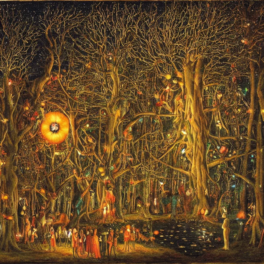Image similar to a night carnival around a magical tree cavity, with a surreal orange moonlight and fireworks in the background, next to a lake with iridiscent water, christmas lights, folklore animals and people disguised as fantastic creatures in a magical forest by summer night, masterpiece painted by john melhuish strudwick, dark night environment