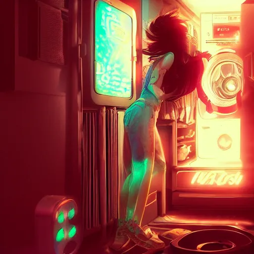 Image similar to step sister stuck in washing machine, art by wlop and artgerm and liam wong, cyberpunk, neon, intricate details, trending on artstation, sharp focus, caustics, octane render, radiant light, 4 k