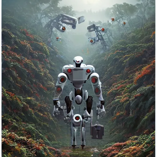 Image similar to a world full of robots overran by nature by akihiko yoshia and greg rutkowsk