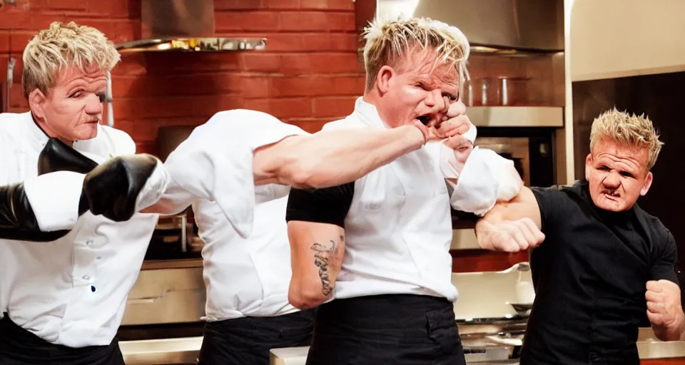 Image similar to photo of angry furious Gordon Ramsay punching Gordon Ramsay at the kitchen