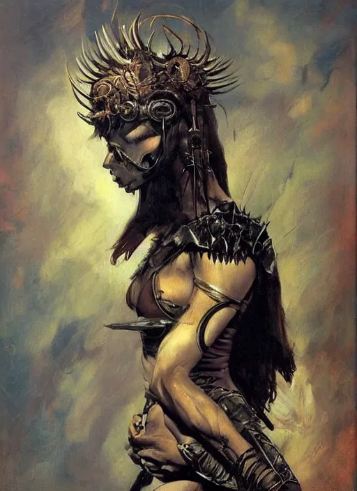 Prompt: portrait of junoesque norwegian female chaos angel, beautiful! coherent! by frank frazetta, by brom, strong line, muted color, rusted spiked armor, iron helm, high contrast, maximalist