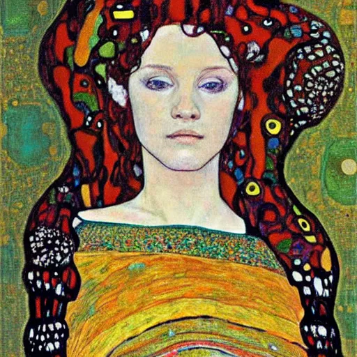 Image similar to abstract painted portrait of a beautiful woman by klimt, moebius