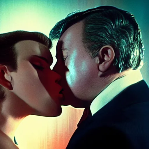 Prompt: Close up film still of passionate Hollywood kiss between two lovers in the style of Alfred Hitchcock kiss Vertigo, hyper realism, photorealism, cinematic atmosphere, 8K, volumetric lighting:.7