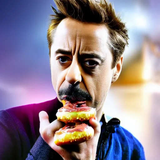 Image similar to Robert Downy Jr. eating a donut, 4k