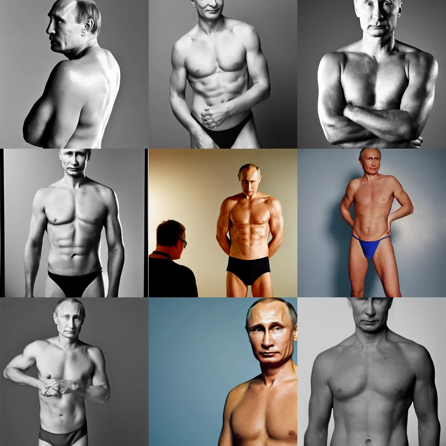Prompt: Photo of Vladimir Putin in swimsuit, soft studio lighting, photo taken by Terry Richardson for Abercrombie and Fitch, award-winning photograph, 24mm f/1.4