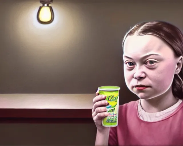 Image similar to closeup profile portrait of a greta thunberg drinking soda in a 1 9 5 0 s diner, nicoletta ceccoli, mark ryden, lostfish, max fleischer, hyper realistic, artstation, illustration, digital paint, matte paint, vivid colors, bright, cheerful, detailed and intricate environment