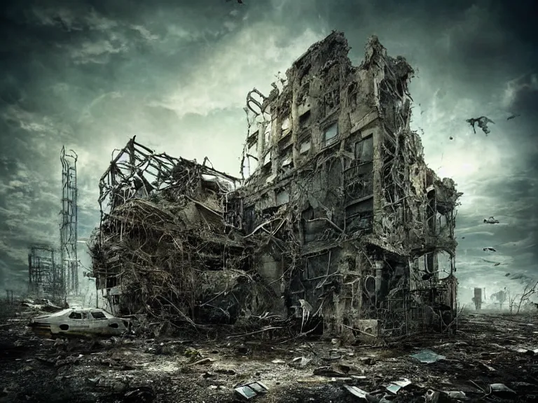 Image similar to postapocalyptic picture of black raven in cage, very emotional, ruins around, nuclear explosion, erik johansson style, conceptual art, the last day on the earth, insane detail, hyper realistic 8 k textured