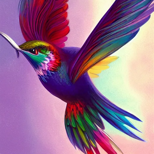 Image similar to cute flying hummingbird phoenix, embers surrounding her wings, shining rainbow feathers, smooth features, on fire, highly stylized, digital painting, artstation, concept art, smooth, soft focus, beautiful rainbow colors, illustration, hummingbird phoenix art by Artgerm and greg rutkowski