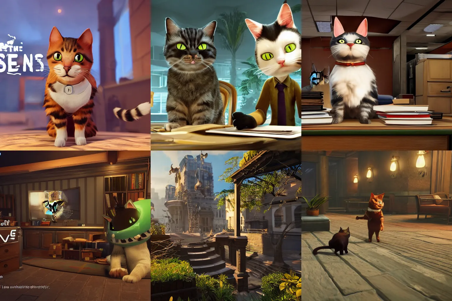 Prompt: the cat was the only reason the accounting department functioned at all, unreal engine 5, coming soon to playstation 5, insomniac studios