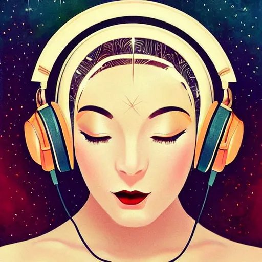 Image similar to intricate, amazing, art deco, retro vintage and romanticism, painting by natelle quek, soft color palette, highly detailed, godess with headphones from space sci - fi of ancient religion