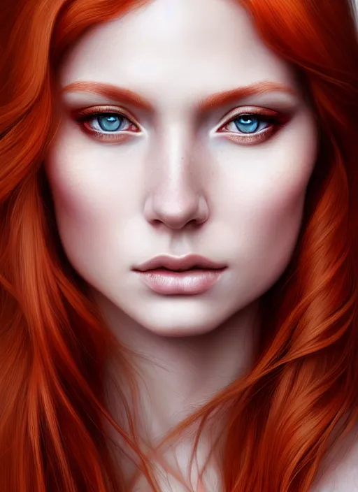 Image similar to portrait photo of a gorgeous young redhead woman with intricate detailed dragon eyes, in the style of stefan kostic, realistic, sharp focus, 8k high definition, insanely detailed, intricate, elegant, art by stanley lau and artgerm