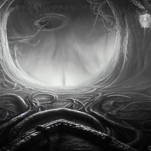 Image similar to Vicariously!!! I, live while the whole world dies, ultra realist soft painting of the world of Lovecraft Elden Ring and Giger, very intricate details, ultra dense fog, golden ratio, volumetric black and white lighting, reflections, refractions, symmetry accurate, octane render