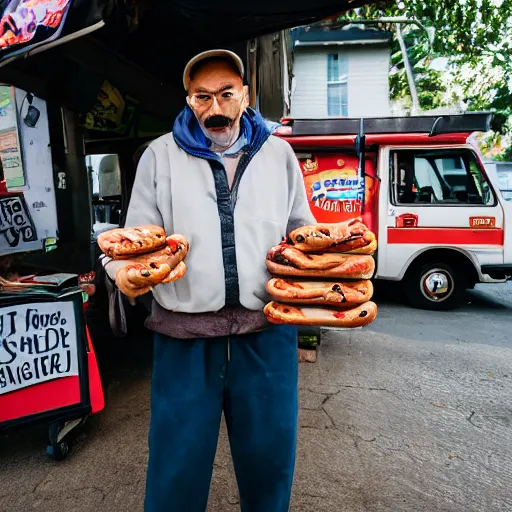 Image similar to portrait of a strange man selling hot dogs, 🌭, eccentric, canon eos r 3, f / 1. 4, iso 2 0 0, 1 / 1 6 0 s, 8 k, raw, unedited, symmetrical balance, wide angle