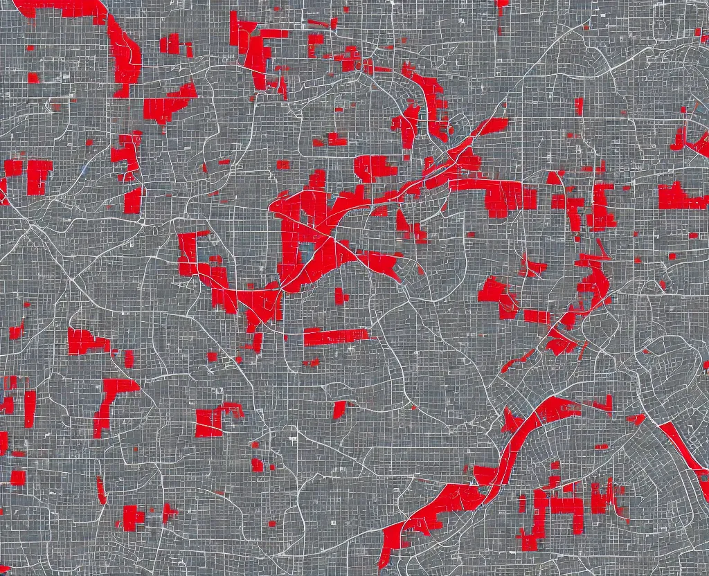 Prompt: Vector Taupe on DarkGrey Streets Satellite Map, showing the location of every house with a red icon, vector graphics, 8k
