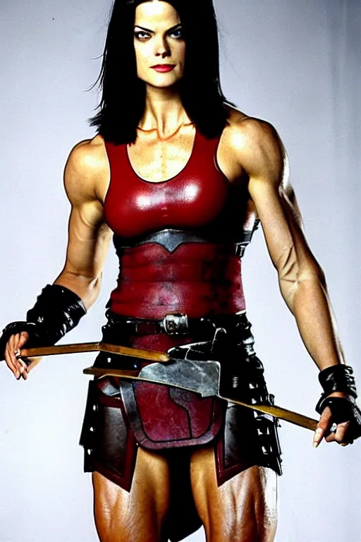 Prompt: realistic photograph. female warrior, 2 7 years old. jaimie alexander. her hair is short, straight, raven - black. fair - complected but tan. tall and gracile, except for her thick ripped vascular buff muscular arms and her ample bust. she wears sleeveless modest practical red & black leather armor with golden highlights that leaves only her muscular arms exposed.