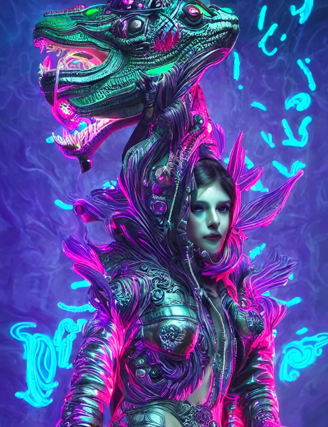 Prompt: 3 d goddess medium shot portrait with hyperdimensional totem implants. beautiful intricately detailed avante garde wolf mask and retrowave sorceress outfit. neon lizards, bio luminescent, water, plasma, creature, artwork by tooth wu and wlop and android jones and beetle and greg rutkowski