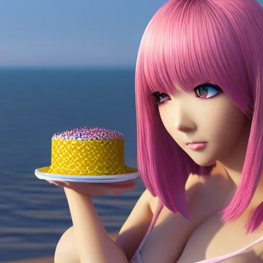 Image similar to Render of a beautiful 3d anime woman holding a birthday cake out to the camera, long light pink hair, full bangs, hazel eyes, cute freckles, full round face, soft smile, Chinese heritage, cute checkerboard sundress, golden hour, serene beach setting, medium shot, mid-shot, hyperdetailed, trending on Artstation, Unreal Engine 4k