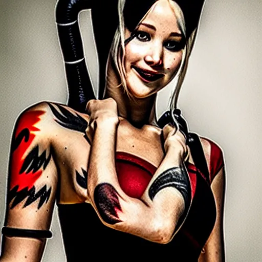 Prompt: a tatoo depicting jennifer lawrence as harley quinn, photo