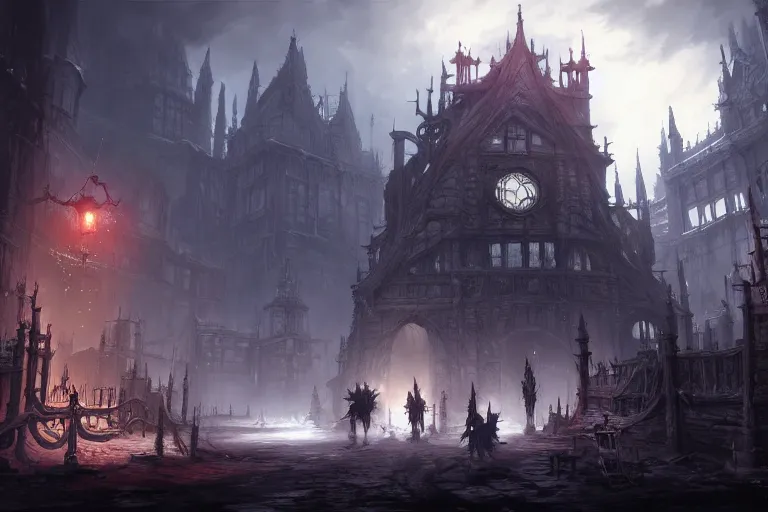 Image similar to collaborative environment concept art by Tyler Edlin, Andy Park, Feng Zhu, James Paick, Ryan Church, in the style of Bloodborne