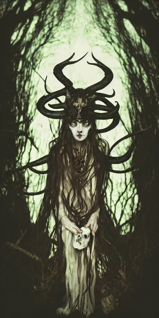 Image similar to softly glowing black metal pagan god with horns and pale skin and intense black eyes with a goat skull in very dark forest by johnson tsang and alphonse mucha, portrait, fantasy, clear, light beams, subtle shades of pastel, lens flare, soft, uhd, amazing depth, cinematic lighting