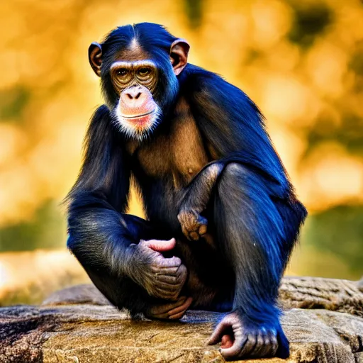 Prompt: national geographic photography of an chimpanzee with very detailed fur and crystal clear blue eyes, golden hour lightening and beautiful bokeh in the background