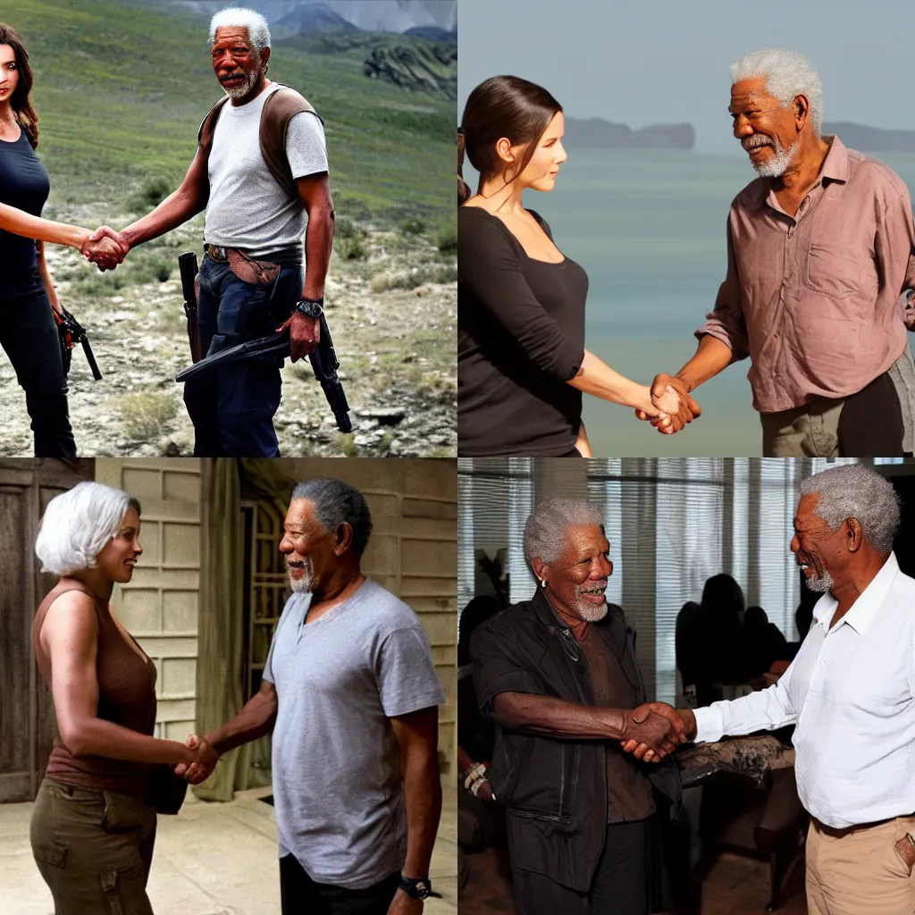 Prompt: morgan freeman shaking hands with lara croft