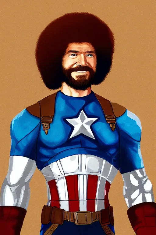 Prompt: Bob Ross as Captain America, digital painting