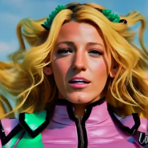 Image similar to cinematic scene with blake lively as jolyne from jojo's bizarre adventure, live action film, stone ocean, dramatic, small details, volumetric lighting, still frame