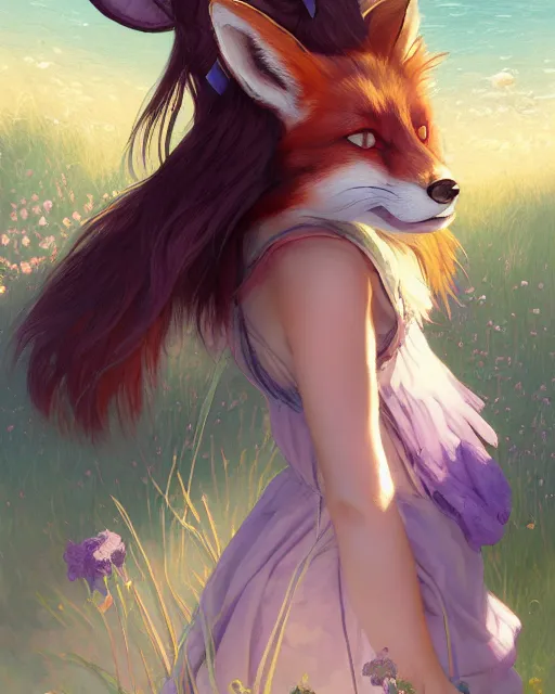 Prompt: a girl with fox ears and purple hair wearing a simple sundress, this fox girl has a pronounced snout and two pointed black ears, beautiful lake background, illustration by greg rutkowski, thomas kindkade, loish, artstation, furaffinity, deviantart