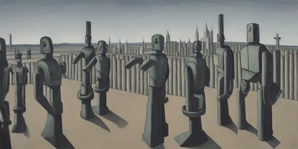 Image similar to row of robots guarding a brutalist castle, evil visages, dystopian, pj crook, edward hopper, oil on canvas