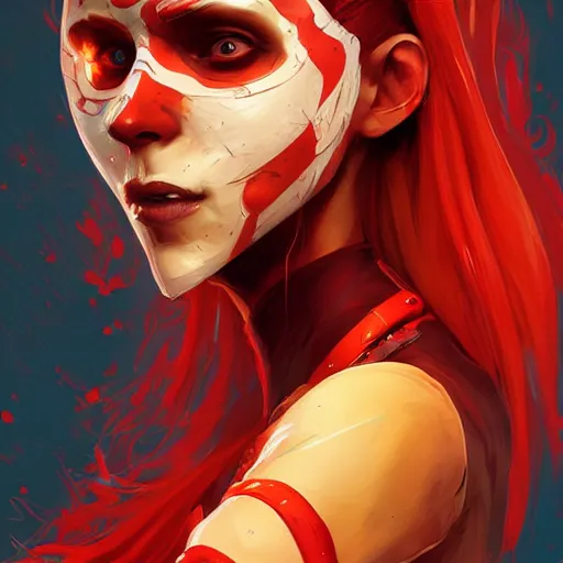 Image similar to skinny pale lady with red hair wearing pizza as a mask, Apex Legends character, digital illustration portrait design, by android jones and greg rutkowski, retrowave color scheme, detailed, cinematic lighting, wide angle action dynamic portrait