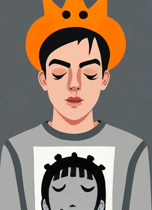 Image similar to portrait of teenage jughead jones wearing a light grey crown, symmetrical crown, sweater with picture of hamburger, eyes closed, crown, black hair, orange, intricate, elegant, glowing lights, warm lighting, highly detailed, digital painting, artstation, concept art, smooth, sharp focus, illustration, art by wlop, mars ravelo and greg rutkowski