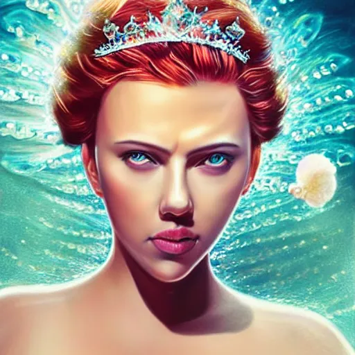 Prompt: “Scarlett Johansson portrait, fantasy, mermaid, cartoon, pearls, glowing hair, shells, gills, crown, water, highlights, starfish, goddess jewelry, realistic, digital art, pastel ”