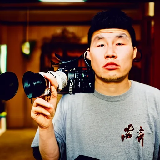 Image similar to I GOT THAT CHING CHANG CHONG THE ONE WITH CHOP STICK OH I GOT THAT CHIN CHANG CHONG (CHING CHANG CHONG), Chinese rapper holding a microphone infront of an fish eye lense camera, VHS, Camcorder, Realism,