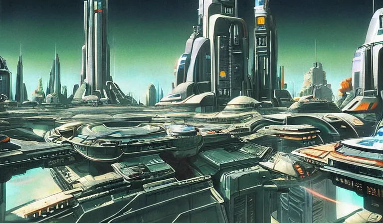 Prompt: A alien cityscape , metropolis and space craft overhead in the style of Syd Mead , Chris Foss .