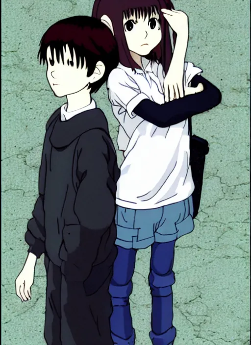 Image similar to boy, girl and a goat, still from Serial Experiments Lain, high resolution