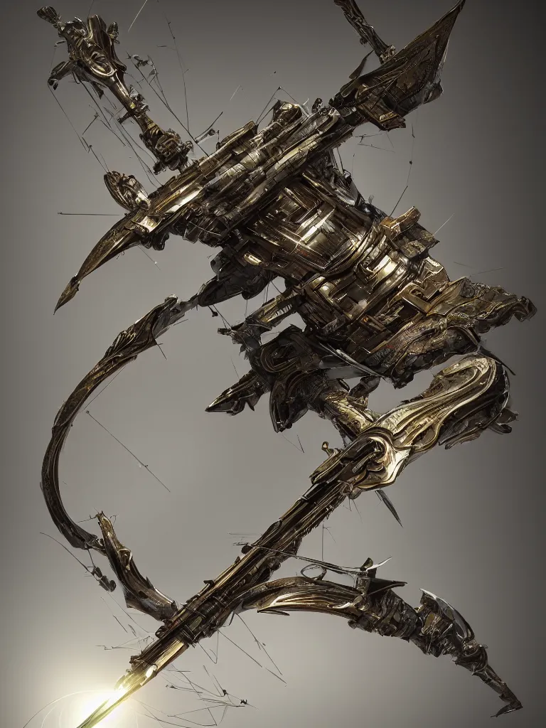 Image similar to a beautiful delicate huge mega bow and arrow weapon, solid background, electron flow, android, mechanical, metal, weapon design, fine texture structure, hyper detailed, perfect shadows, atmospheric lighting, 3 d render, in the style of pascal blanche and sparth juan zigor samaniego, paul pepera pablo roldan, displayed in the exhibition hall, 4 k hd