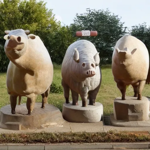 Image similar to statues of a pig, a cow, a horse, a chicken and a sheep