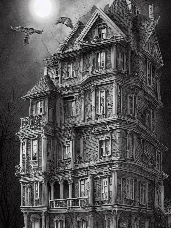 Prompt: a beautiful hyper realistic detailed matte painting of the old owl, a strange being haunting this house from a forgotten time, dramatic lighting, dynamic lighting, cinematic lighting, by maurits cornelis escher, black and white, featured on artstation