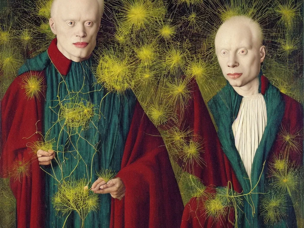 Image similar to Portrait of albino mystic with blue eyes, with exotic glowing dandelion seed storm. Painting by Jan van Eyck, Audubon, Rene Magritte, Agnes Pelton, Max Ernst, Walton Ford