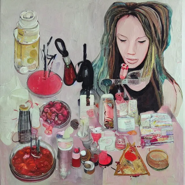Image similar to “ a portrait in a female art student ’ s apartment, sensual, a pig theme, syringe, coral, anaesthetic, surgical supplies, surgical iv drip, octopus, ikebana, herbs, a candle dripping white wax, squashed berries, berry juice drips, acrylic and spray paint and oilstick on canvas, surrealism, neoexpressionism ”